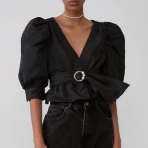 Sara Black Puff Sleeve Blouse with Belt
